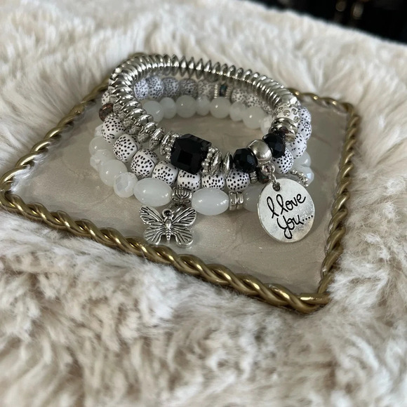 Handmade Jewelry - Beaded Love Stretch Charm Bracelet (3pc) NWOT